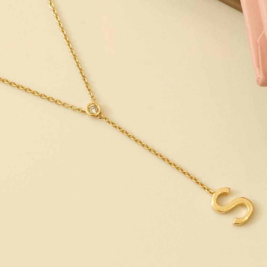 Personalized Bold Initial Lariat Diamond Necklace, 14k Solid Gold, Natural Diamonds, Bezel Drop Letter Jewelry, Minimalist Everyday Jewelry