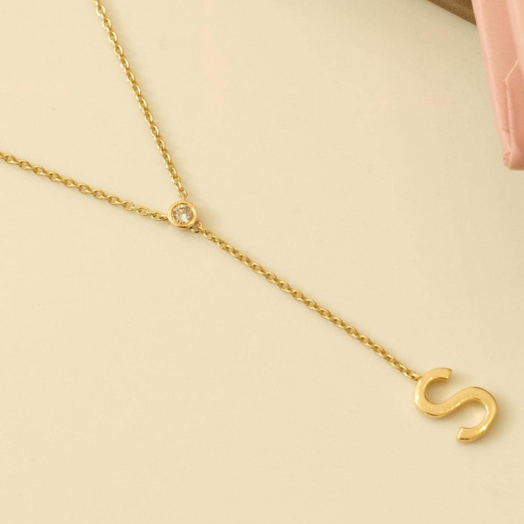 Personalized Bold Initial Lariat Diamond Necklace, 14k Solid Gold, Natural Diamonds, Bezel Drop Letter Jewelry, Minimalist Everyday Jewelry