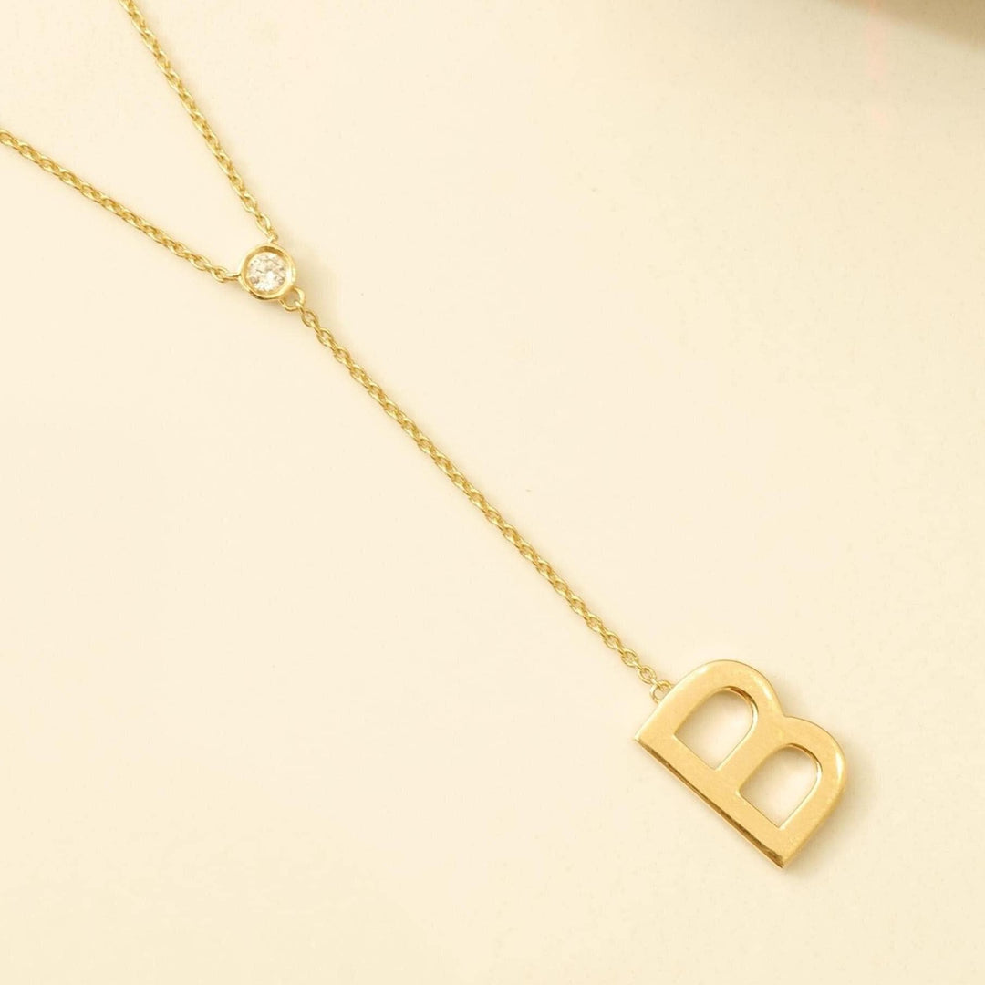 Personalized Initial Lariat Necklace, 14k Solid Gold Diamond Letter, Natural Diamonds, Custom Name Initial Jewelry, Minimalist
