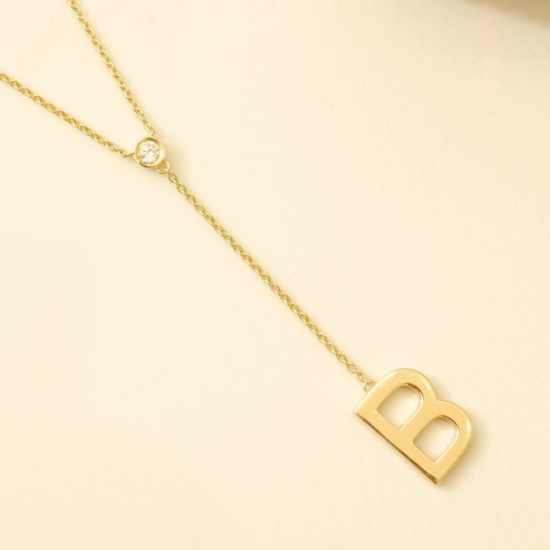 Personalized Initial Lariat Necklace, 14k Solid Gold Diamond Letter, Natural Diamonds, Custom Name Initial Jewelry, Minimalist