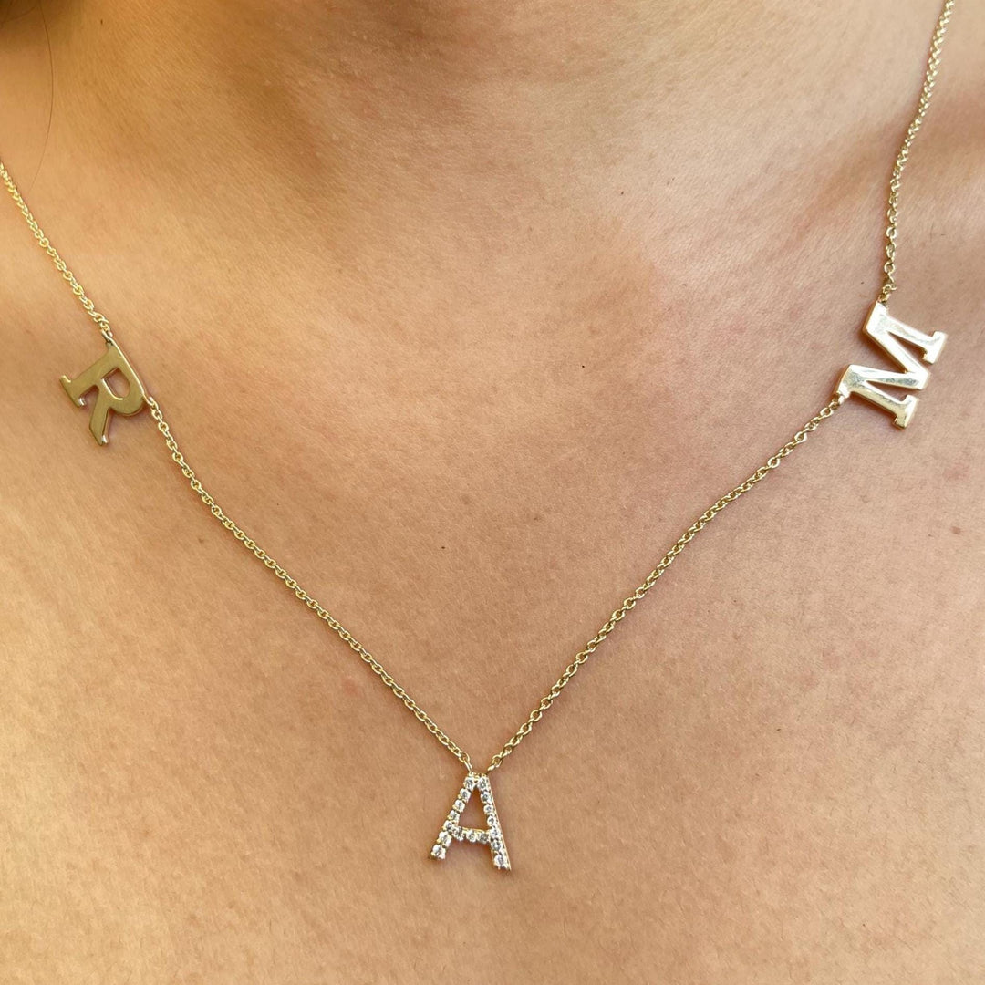 Personalized Initials Diamond Necklace, 14k Solid Gold, Natural Diamonds, Name Letter Charm Everyday Jewelry, Minimalist Stacking Necklace