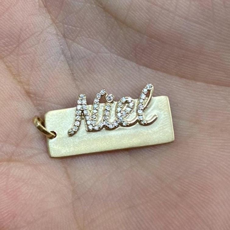 Personalized Nameplate Diamond Pendant Necklace, 14k Solid Gold, Natural Diamonds, Custom Name Stacking Jewelry, Minimalist Letter Necklace,