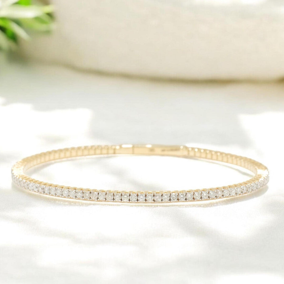 Single Row Diamond Bracelet, 14k Solid Gold, Natural Diamond, Sleek Everyday Jewelry, Flexible Stacking Bangle, Minimalist Eternity Bracelet