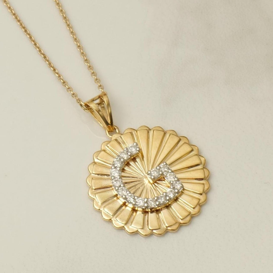 Personalized Initial Medallion Diamond Necklace, 14k Solid Gold, Natural Diamonds, Custom Letter Jewelry, Minimalist Sunburst Necklace