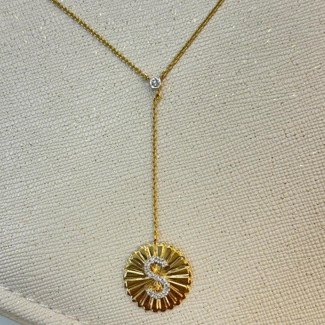 Personalized Initial Lariat Diamond Necklace, 14k Solid Gold, Natural Diamonds, Custom Minimalist Jewelry, Stacking Disc Letter Necklace