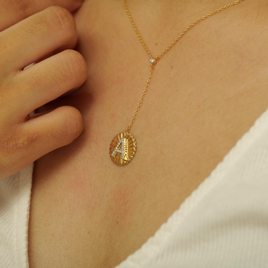 Personalized Initial Lariat Diamond Necklace, 14k Solid Gold, Natural Diamonds, Custom Minimalist Jewelry, Stacking Disc Letter Necklace