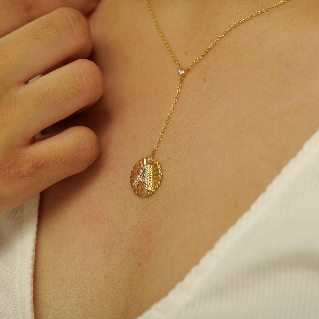 Personalized Initial Lariat Diamond Necklace, 14k Solid Gold, Natural Diamonds, Custom Minimalist Jewelry, Stacking Disc Letter Necklace