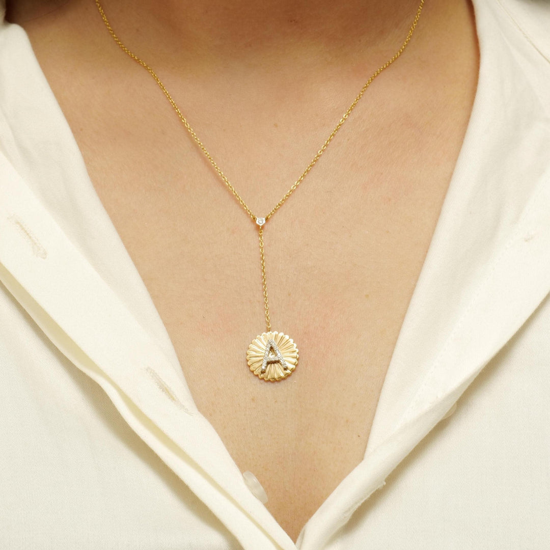 Personalized Initial Lariat Diamond Necklace, 14k Solid Gold, Natural Diamonds, Custom Minimalist Jewelry, Stacking Disc Letter Necklace