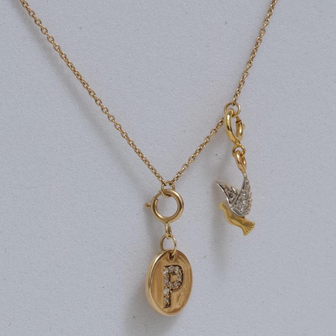 Personalized Initial Bird Charm Diamond Necklace, 14k Solid Gold, Natural Diamonds, Stacking Two Charm Necklace, Minimalist Everyday Jewelry