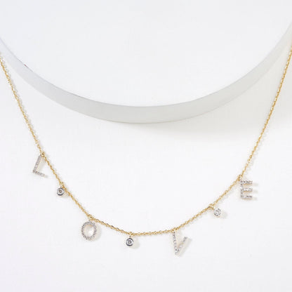 Love Dangle Diamond Drop Necklace, 14k Solid Gold, Natural Diamonds, Affirmation Statement Jewelry, Letter Chain Jewelry, Everyday Necklace