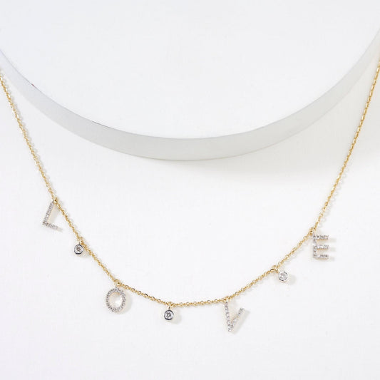 Love Dangle Diamond Drop Necklace, 14k Solid Gold, Natural Diamonds, Affirmation Statement Jewelry, Letter Chain Jewelry, Everyday Necklace