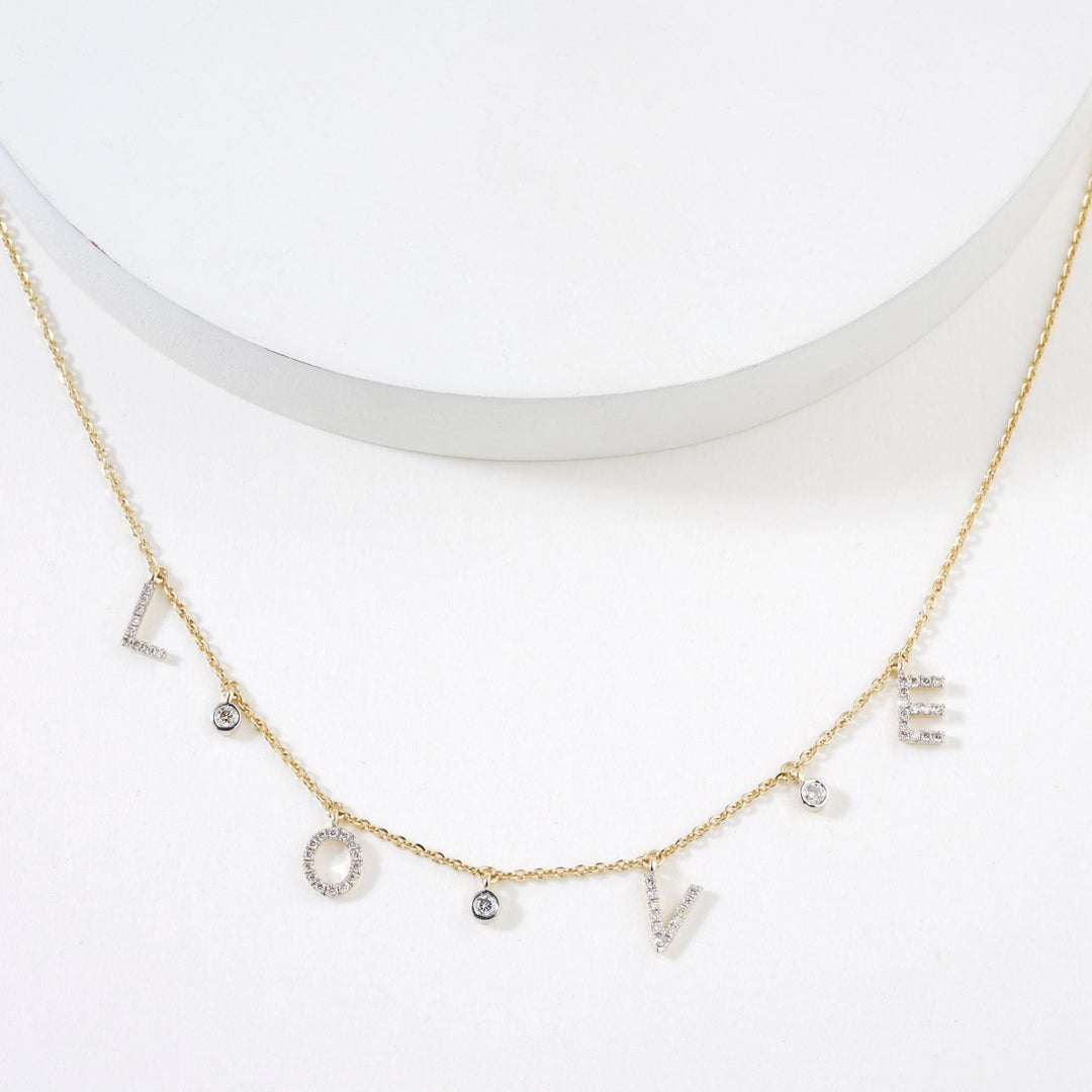 Love Dangle Diamond Drop Necklace, 14k Solid Gold, Natural Diamonds, Affirmation Statement Jewelry, Letter Chain Jewelry, Everyday Necklace