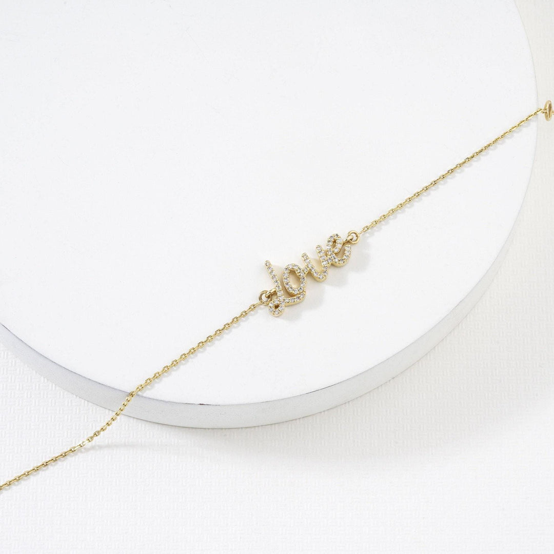Love Chain Diamond Bracelet, 14k Solid Gold, Natural Diamonds, Inspirational Name Jewelry, Handcrafted Everyday Wear, Minimal Word Bracelet
