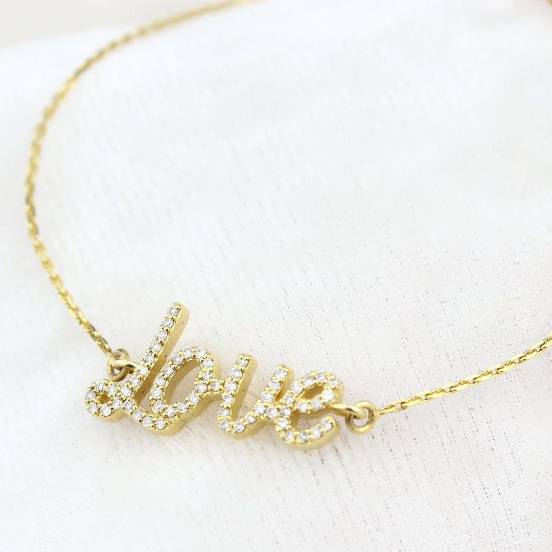 Love Chain Diamond Bracelet, 14k Solid Gold, Natural Diamonds, Inspirational Name Jewelry, Handcrafted Everyday Wear, Minimal Word Bracelet