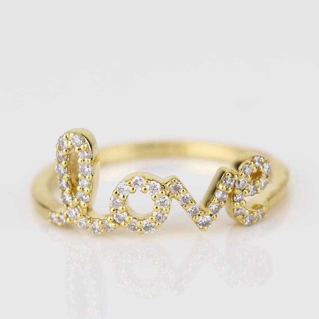 Love Script Diamond Ring, 14K Solid Gold, Natural Diamonds, Statement Inspirational Jewelry, Word Stackable Ring, Minimal Personalized Band