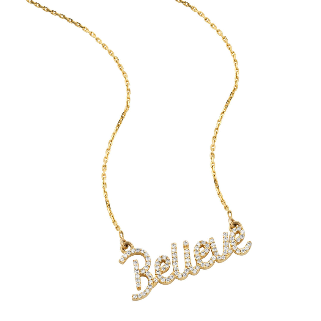 Believe Diamond Necklace, 14k Solid Gold, Natural Diamonds, Handcrafted Word Jewelry, Script Letter Necklace, Minimalistic Everyday Necklace