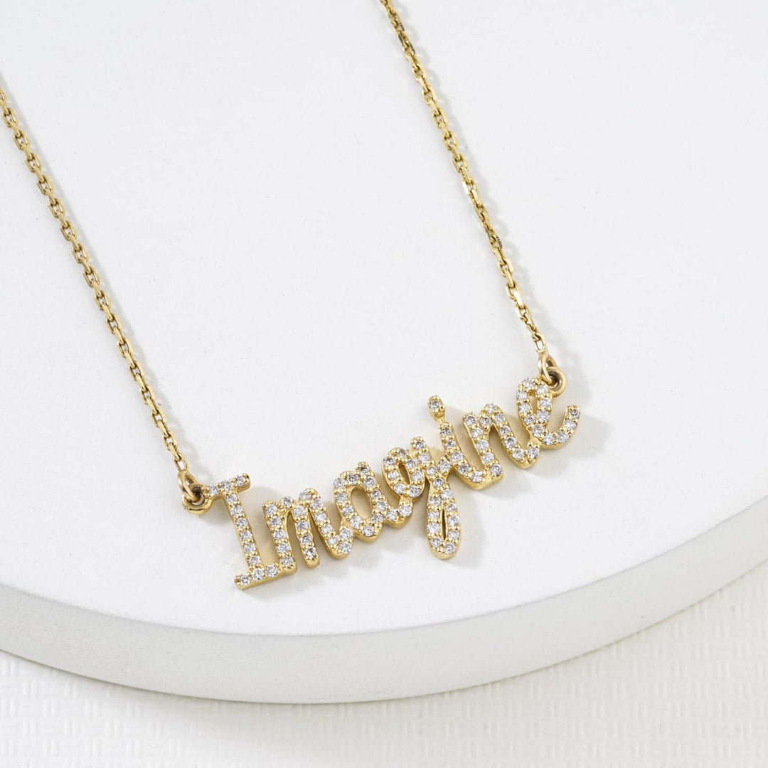 Imagine Diamond Necklace, 14k Solid Gold, Natural Diamonds, Script Word Necklace, Inspirational Jewelry, Handcrafted Minimalistic Jewelry