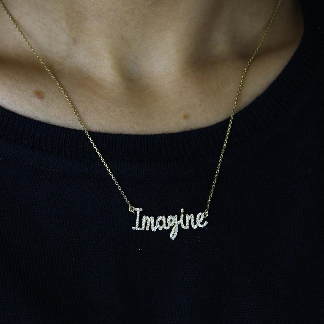 Imagine Diamond Necklace, 14k Solid Gold, Natural Diamonds, Script Word Necklace, Inspirational Jewelry, Handcrafted Minimalistic Jewelry