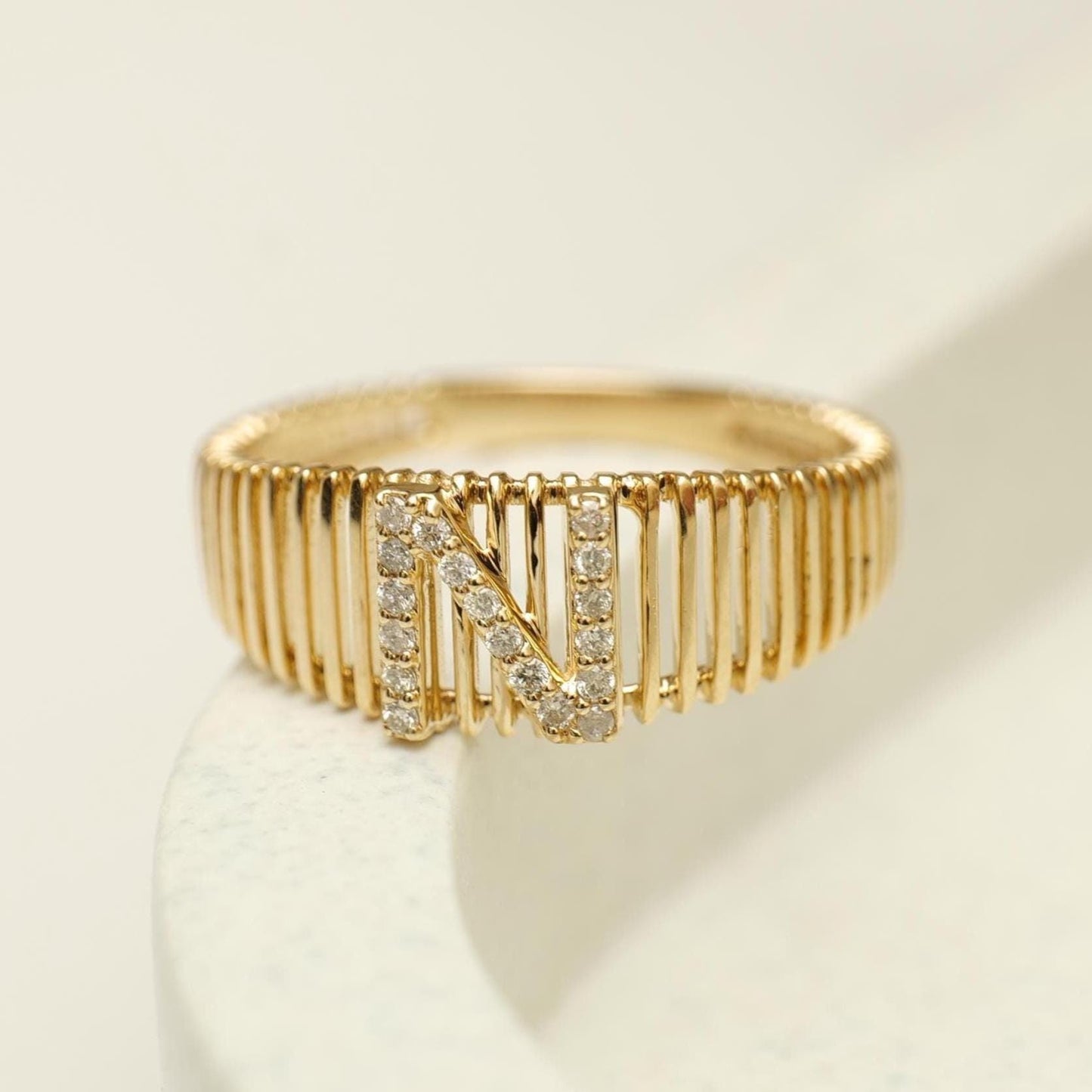 Personalized Initial Letter Diamond Ring, 14k Solid Gold, Natural Diamonds, Lined Cage Bar Band, Custom Jewelry, Minimalist Stackable Band