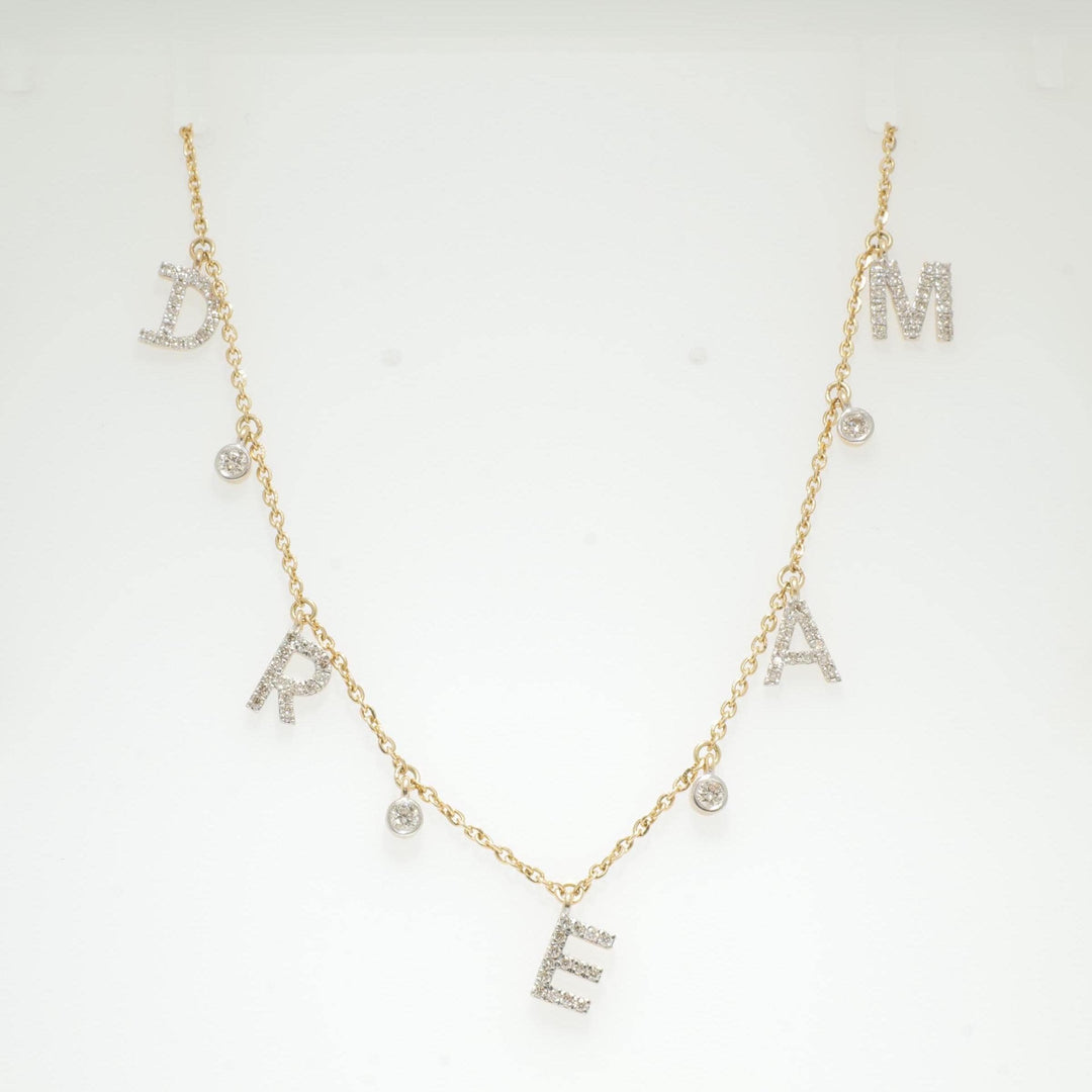 Dream Diamond Charm Necklace, 14k Solid Gold, Natural Diamonds, Affirmation Drop Necklace, Stackable Everyday Chain, Bezel Drop Jewelry