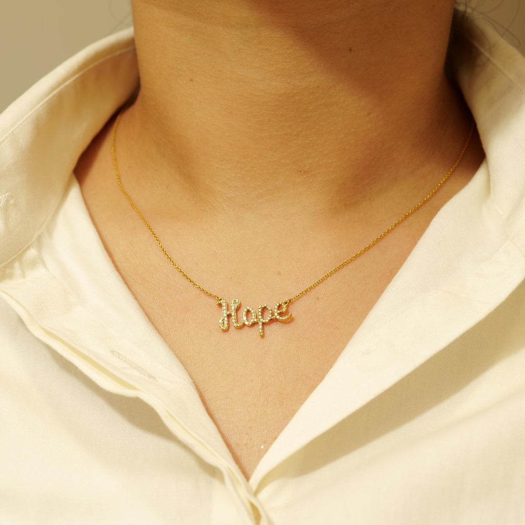 Hope Word Diamond Pendant Necklace, 14k Solid Gold, Natural Diamonds, Script Letter Affirmation Chain  Necklace, Stackable Everyday Jewelry