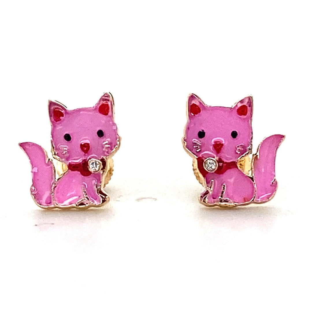 Kids Kitty Diamond Stud Earrings, 14k Solid Gold, Natural Diamonds, Enamel Animal Jewelry, Everyday Gift for toddlers/girls, Ready To Ship
