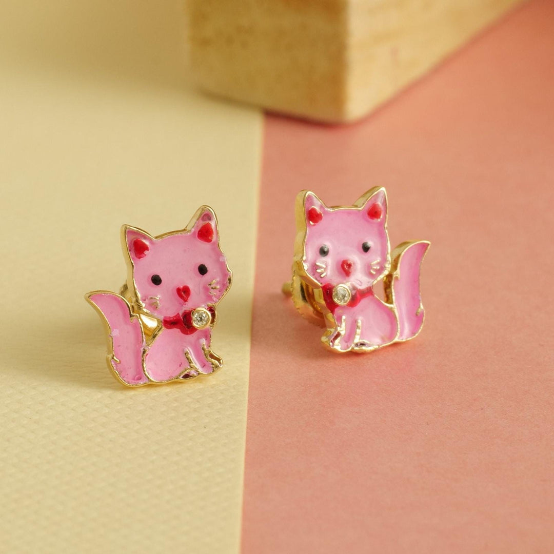 Kids Kitty Diamond Stud Earrings, 14k Solid Gold, Natural Diamonds, Enamel Animal Jewelry, Everyday Gift for toddlers/girls, Ready To Ship