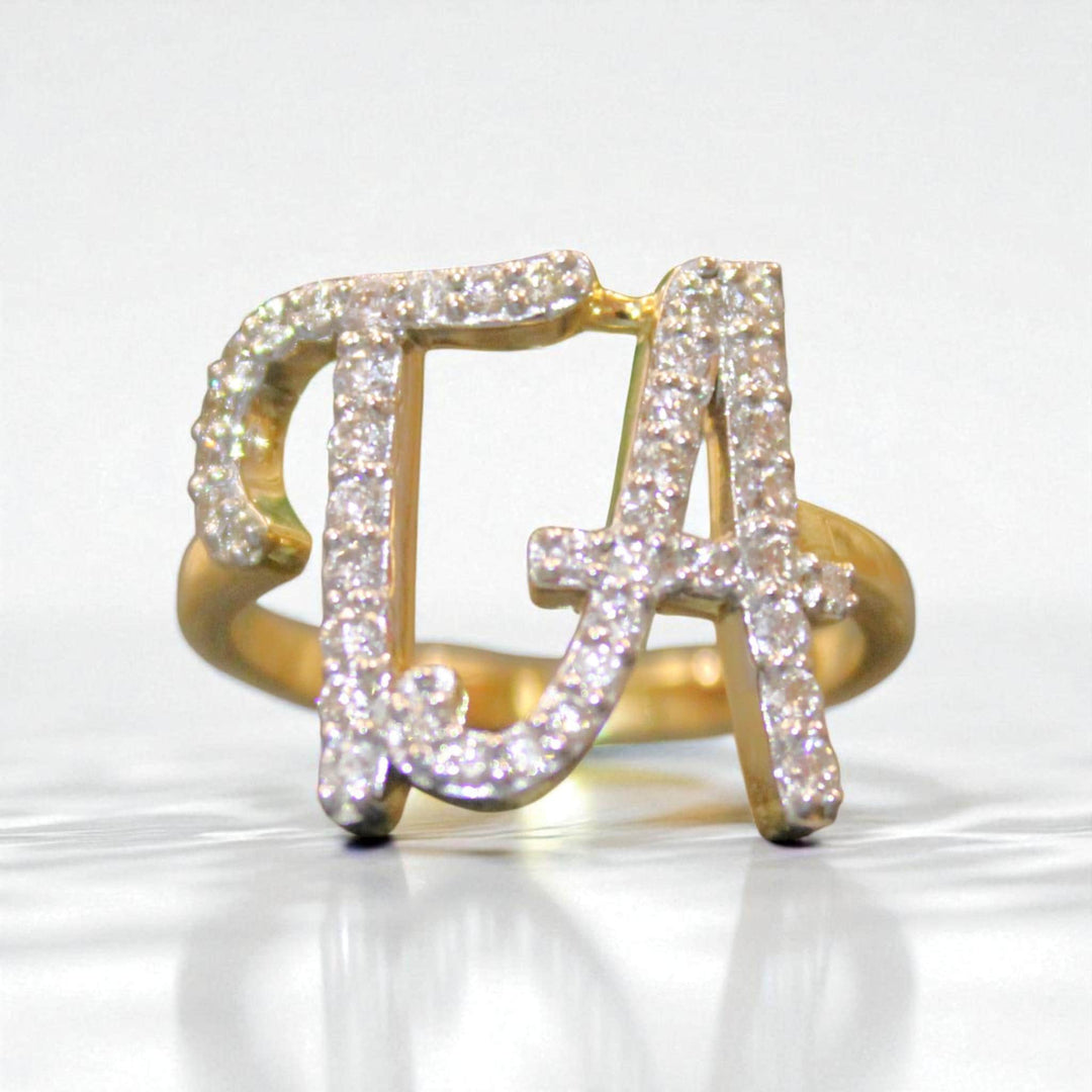 Personalized Double Initial Diamond Ring, 14k Solid Gold, Natural Diamond, Handwritten Word Ring, Custom Letter Band, Minimal Statement Ring