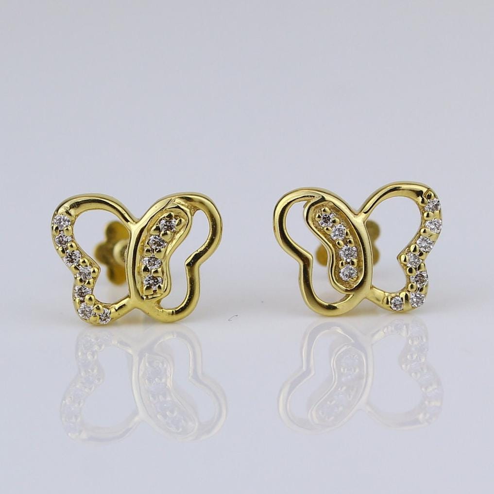 Kids Butterfly Diamond Stud Earrings, 14k Solid Gold, Natural Diamonds, Animal Jewelry, Gift for toddlers/girls/kids, Ready To Ship