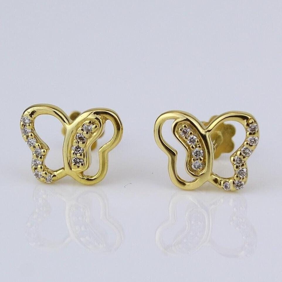 Kids Butterfly Diamond Stud Earrings, 14k Solid Gold, Natural Diamonds, Animal Jewelry, Gift for toddlers/girls/kids, Ready To Ship