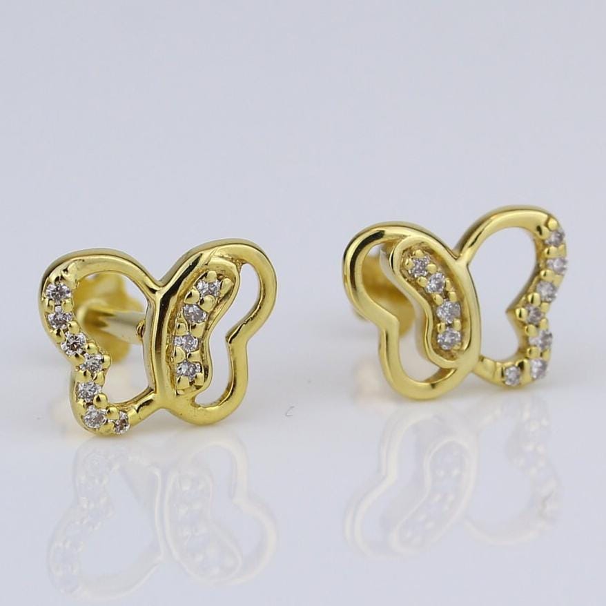 Kids Butterfly Diamond Stud Earrings, 14k Solid Gold, Natural Diamonds, Animal Jewelry, Gift for toddlers/girls/kids, Ready To Ship