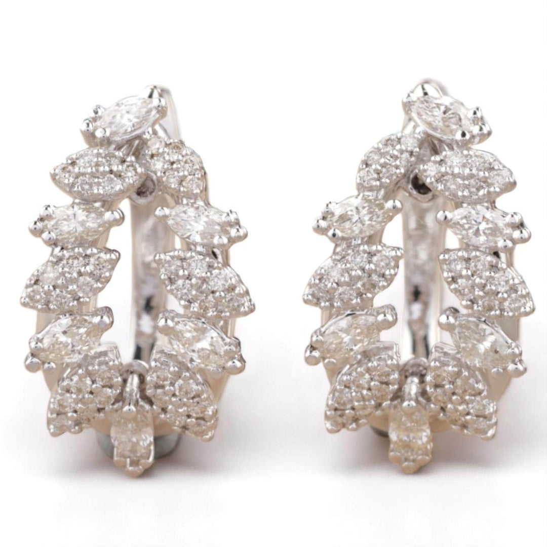 Leaves Diamond Huggie Earrings, 14k Solid Gold, Natural Diamonds, Marquise Pavé Cocktail Jewelry, Bridal Statement Hoops