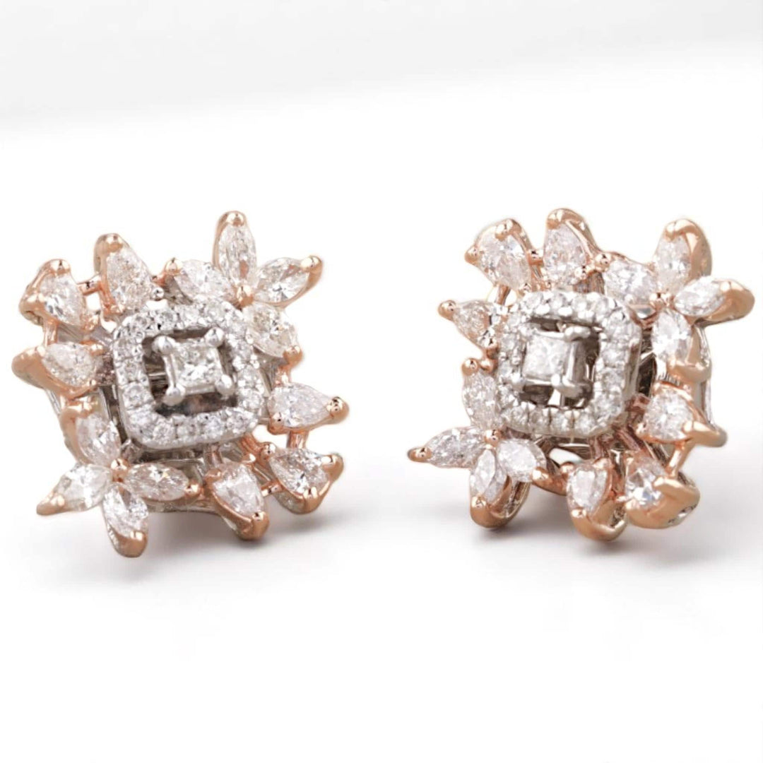 Leaflet Floral Diamond Stud Earrings, 14k Solid Gold, Natural Diamonds, Princess Marquise Cluster Jewelry,  Cocktail Statement Earrings