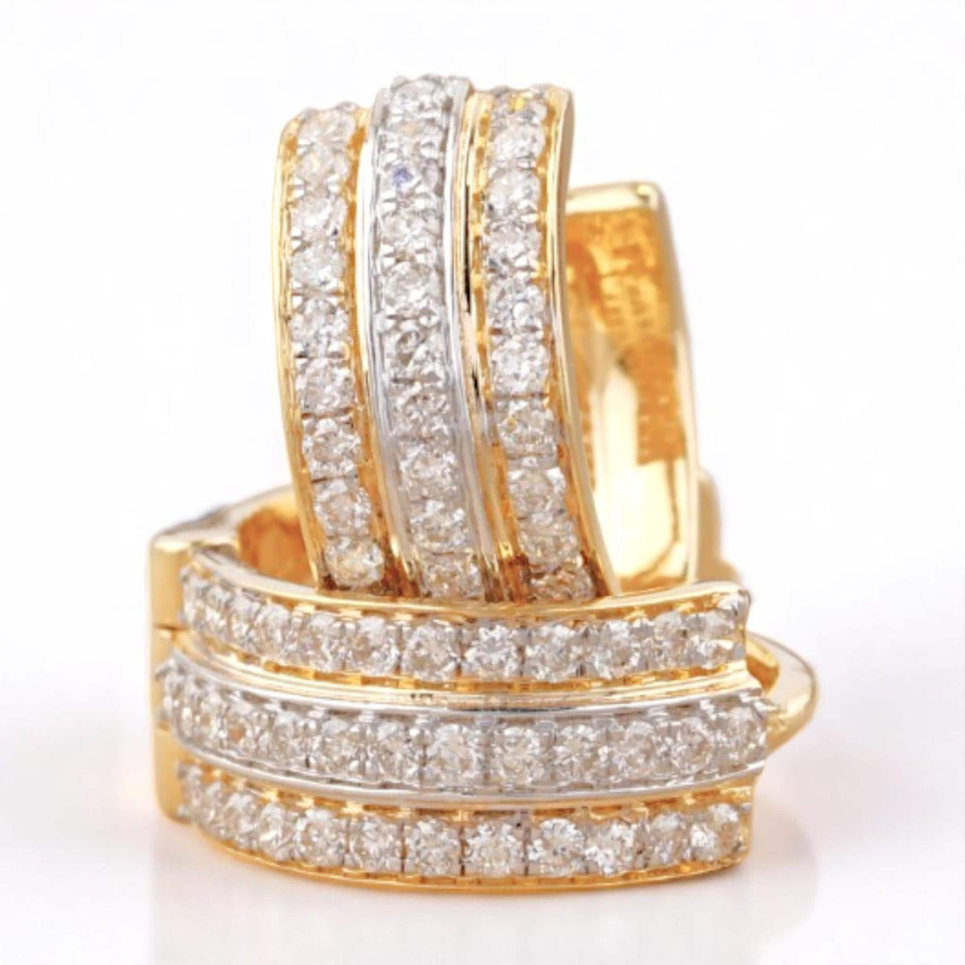 Triple line Diamond Huggie Earrings, 14k Solid Gold, Natural Diamonds, Cocktail Statement Jewelry, Everyday Hoop Earrings