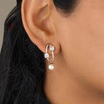 Load image into Gallery viewer, Pearl Drop Huggie Earrings, 14k Solid Gold, Natural Diamonds, Illusion Set Statement Jewelry, Bridal Cocktail Earrings
