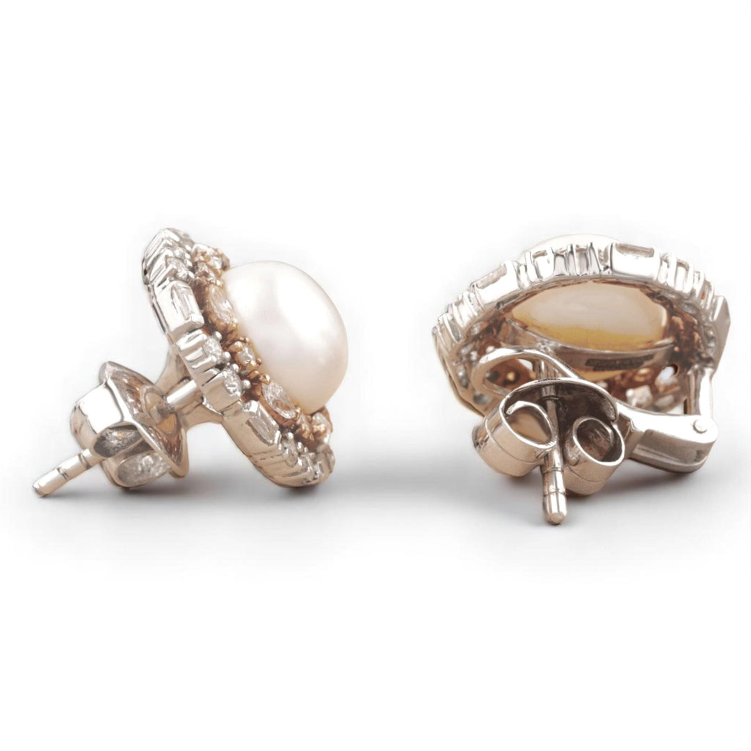 Pearl Diamond Halo Studs, 14K Solid Gold, Fancy Natural Diamonds, Bridal Wedding Earrings, Statement Cocktail Jewelry