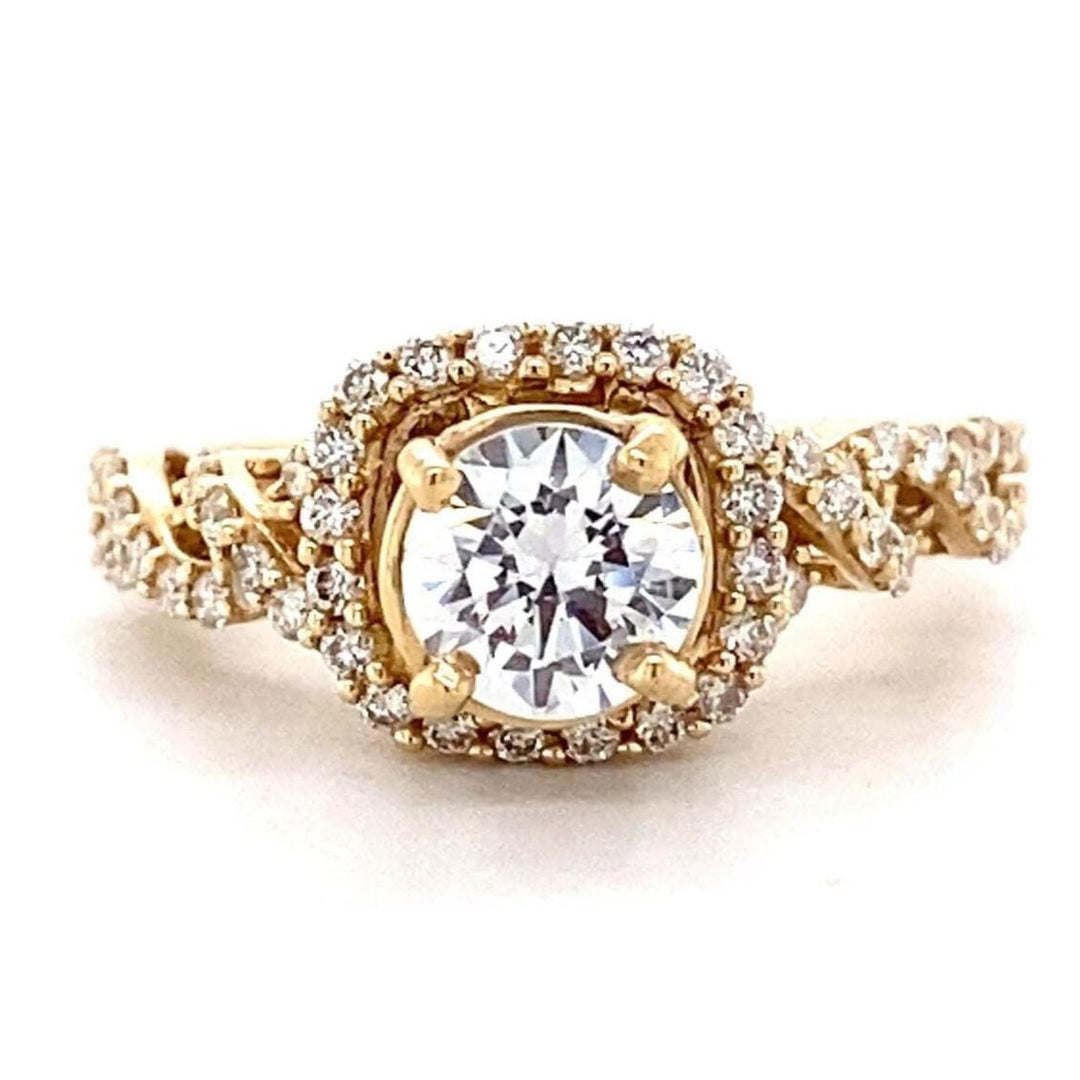 Round Solitaire Square Halo Diamond Ring, Engagement Ring, 14k Solid Gold, Natural Diamonds, Crossover Shank, Gift For Her