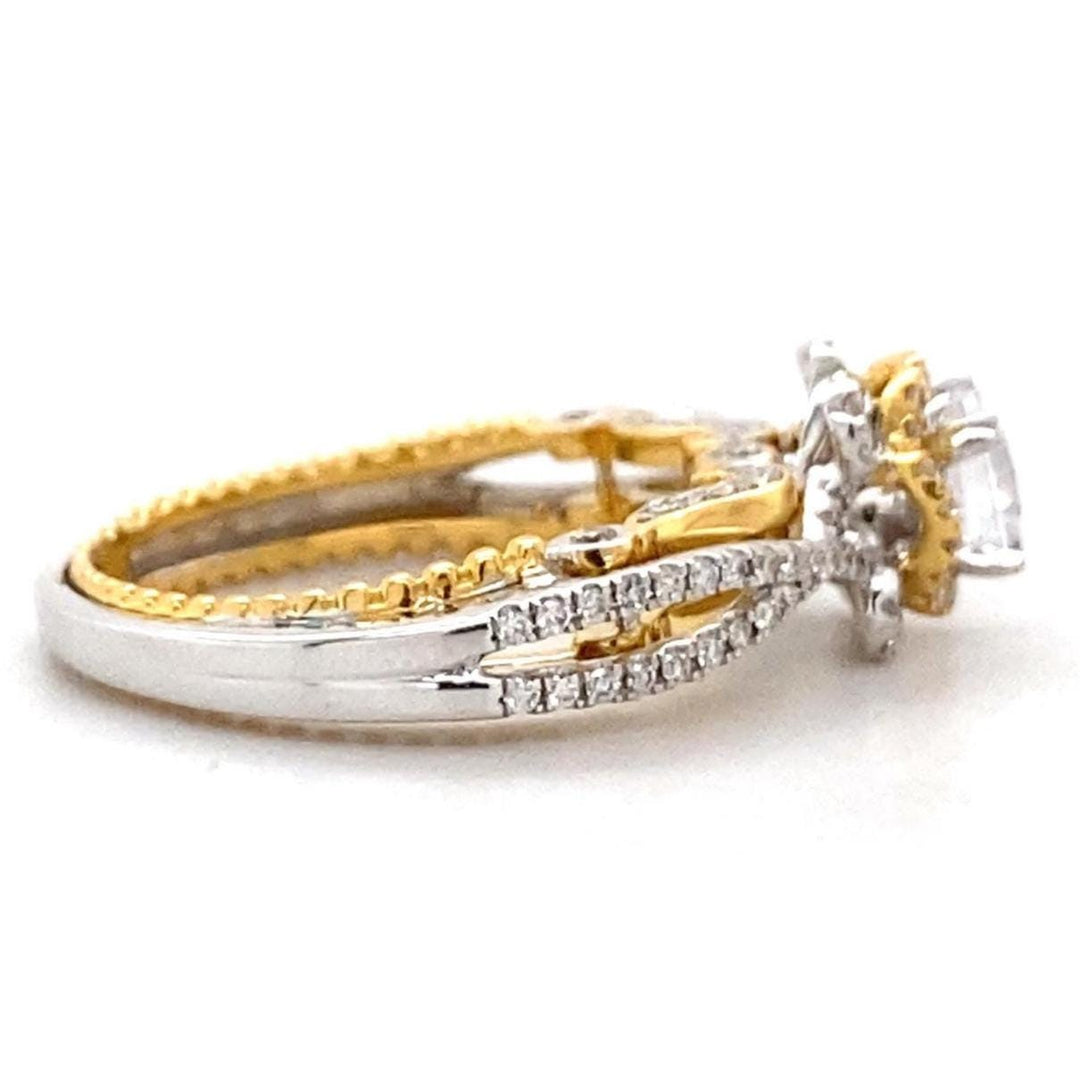 Engagement Solitaire Ring, 14k Solid Gold, Natural Diamonds, Flower Filigree Ring, Dual Tone, Split Shank, Bridal Jewelry, Gift For Her