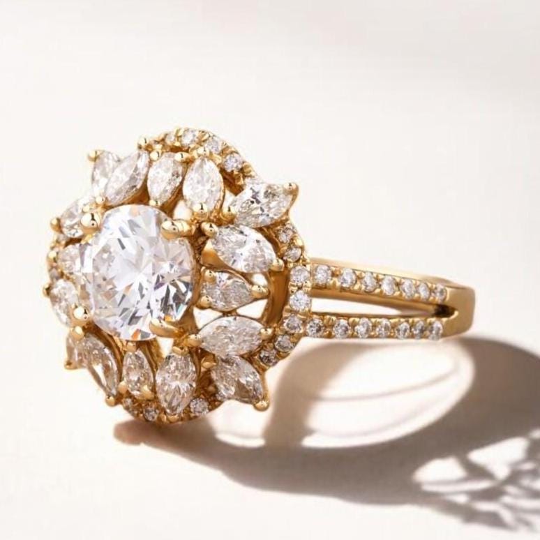 Solitaire Diamond Engagement Ring, Flower Diamond Ring, 14k Solid Gold, Halo Setting, Natural Diamonds, Gift For Her