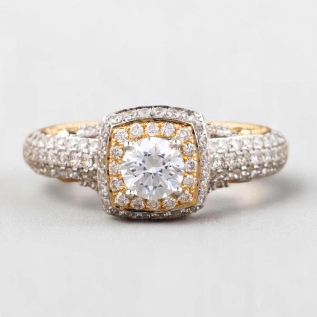 Cushion Halo Natural Diamond Bridal Pave Band Ring: 14k Solid Gold Two-Toned Engagement Jewellery, Certified Jewelry