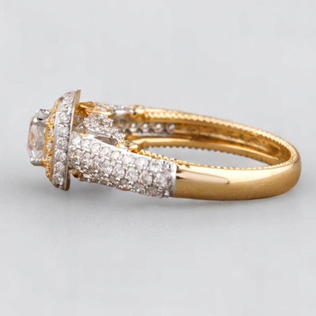 Cushion Halo Natural Diamond Bridal Pave Band Ring: 14k Solid Gold Two-Toned Engagement Jewellery, Certified Jewelry