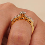 Load image into Gallery viewer, Engagement Diamond Ring, 14k Solid Gold, Round and Baguette Natural Diamond, Proposal Wedding Gift, Bar Setting Bridal Jewelry, Gift For Her
