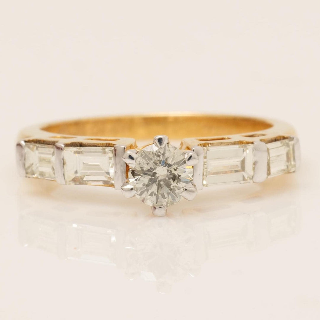 Engagement Diamond Ring, 14k Solid Gold, Round and Baguette Natural Diamond, Proposal Wedding Gift, Bar Setting Bridal Jewelry, Gift For Her