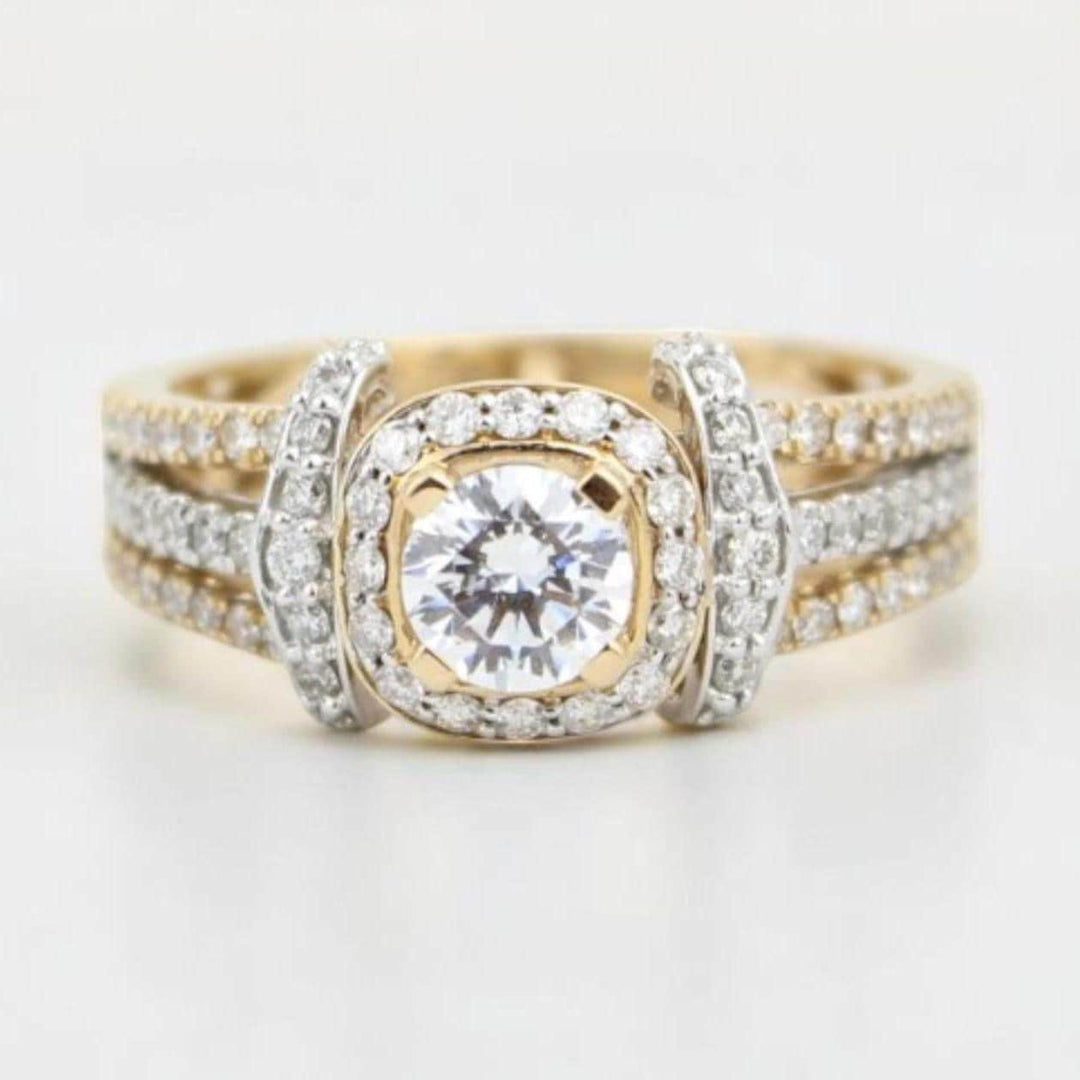 Round Solitaire Halo Diamond Ring, 14k Solid Gold, Natural Diamonds, Halo Engagement Ring, Dual Tone Ring, Bridal Jewelry, Gift For Her