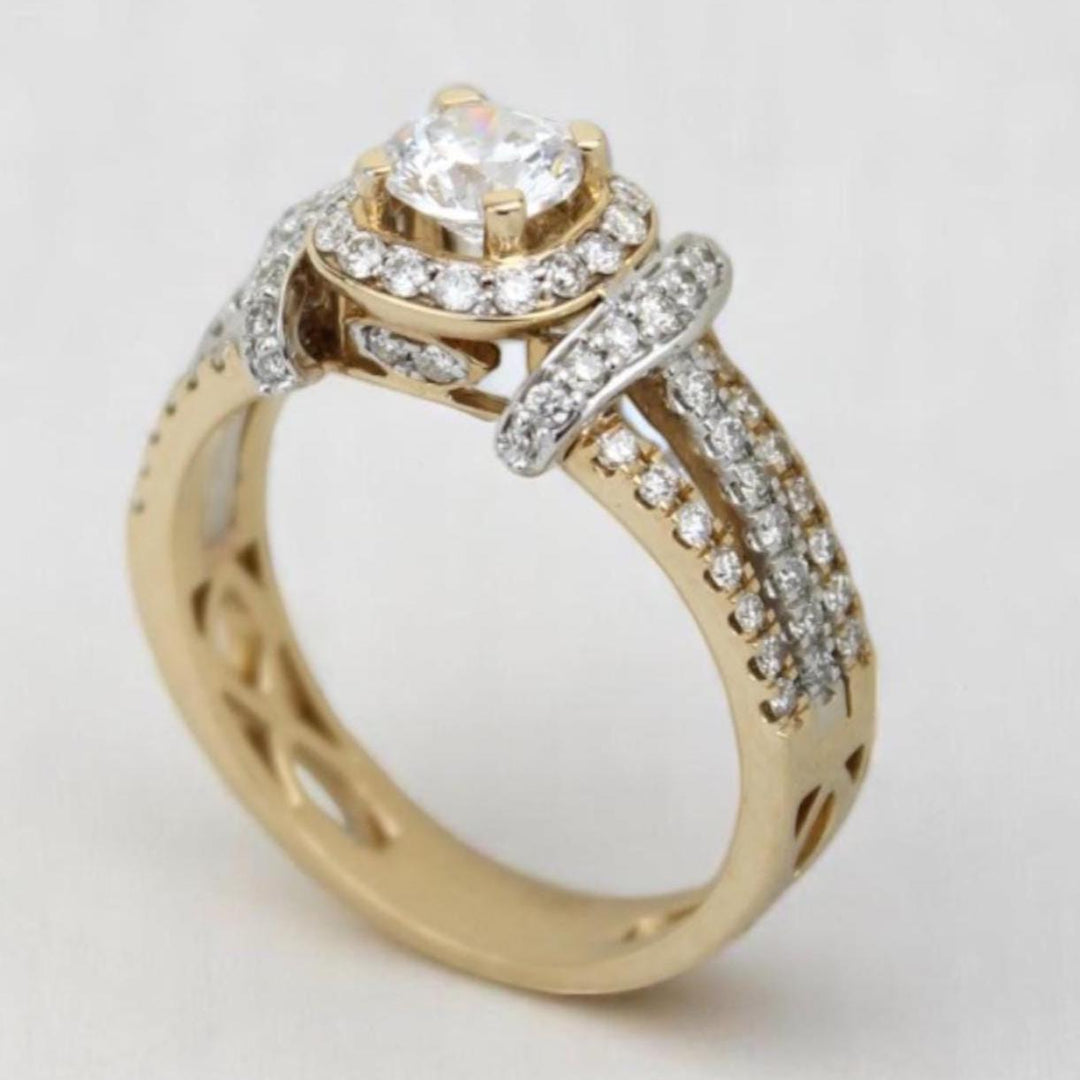 Round Solitaire Halo Diamond Ring, 14k Solid Gold, Natural Diamonds, Halo Engagement Ring, Dual Tone Ring, Bridal Jewelry, Gift For Her