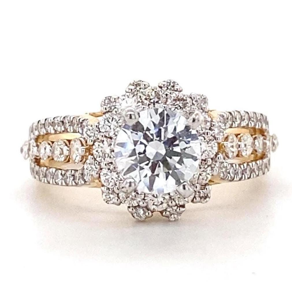 Solitaire Diamond Engagement Ring, Tessellation Effect, 14k Solid Gold, Natural Diamonds, Floral Ring, Dual Tone, Gift For Her