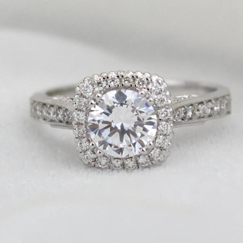 Round Solitaire Square Halo Diamond Ring, 14k Solid Gold, Engagement Ring, Natural Diamonds, Wedding Bridal Jewelry, Gift For Her