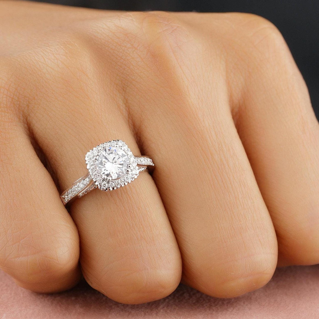 Round Solitaire Square Halo Diamond Ring, 14k Solid Gold, Engagement Ring, Natural Diamonds, Wedding Bridal Jewelry, Gift For Her