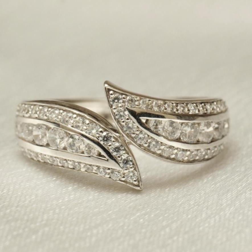 Leaves Diamond Band Ring, Split Shank, 14k Solid Gold, Natural Diamonds, Stackable Everyday Crossover Ring, Open Wrap Ring, Gift For Her