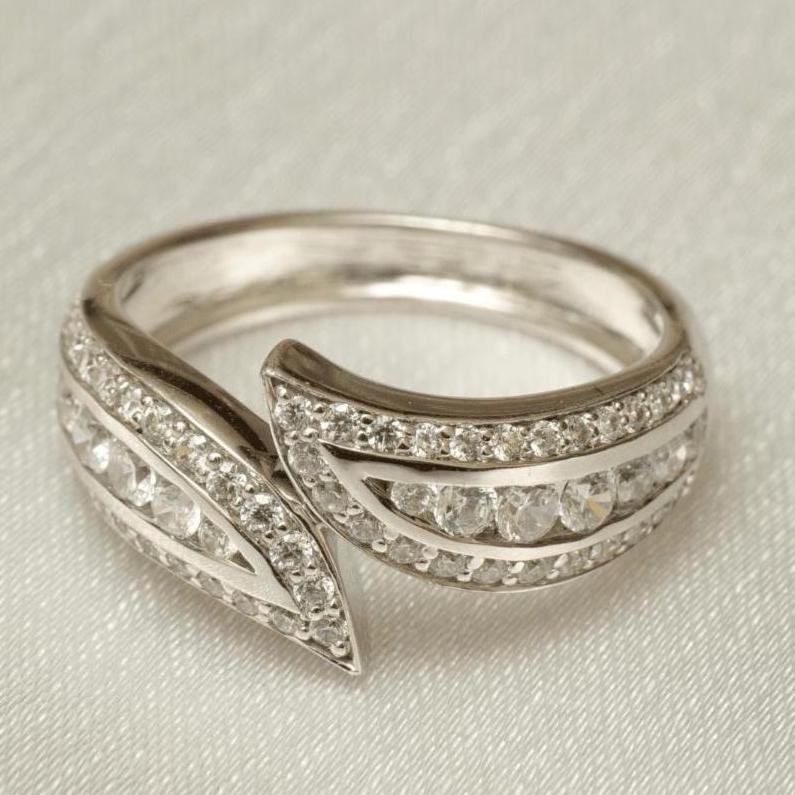 Leaves Diamond Band Ring, Split Shank, 14k Solid Gold, Natural Diamonds, Stackable Everyday Crossover Ring, Open Wrap Ring, Gift For Her